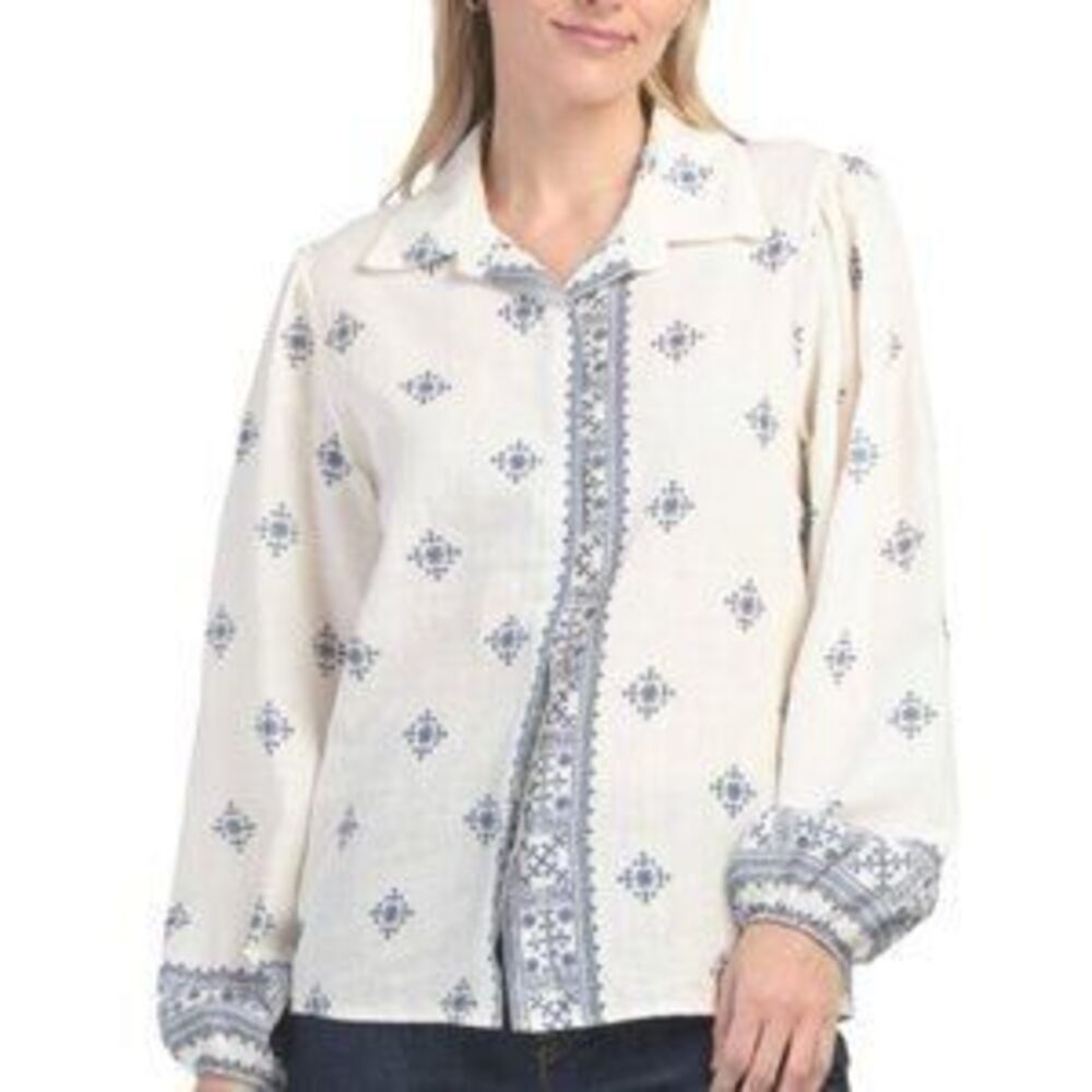 NEW Spighe Di Lino Blouse White & Blue Linen Blend Button Up Size L Boho Chic